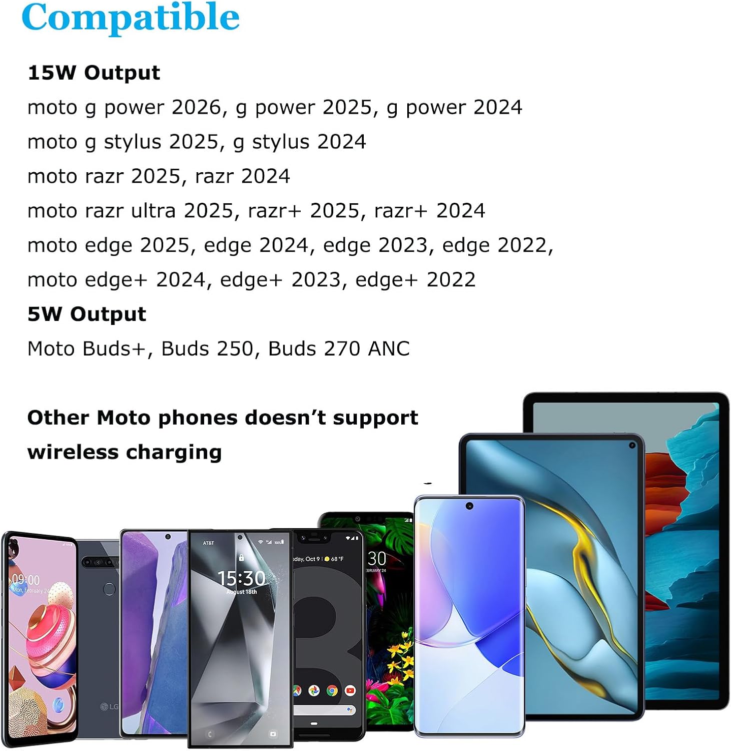 for Motorola, Wireless Phone Charger for Moto G Power 2026 2025 2024, G Stylus 5G, Motorola Edge, Edge , Plus, Razr, Razr Ultra, Razr  2025 2024, Moto Buds , 15W Fast Charging Pad Mat